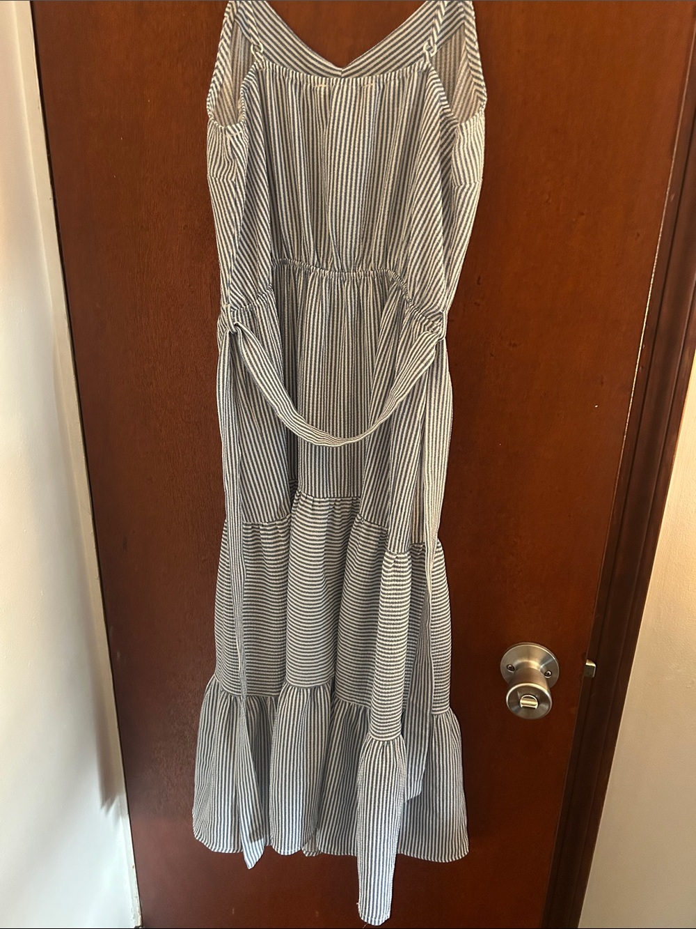 Monteau Blue and White Striped Tiered Spaghetti-Strap Maxi Dress - Picture 4 of 4